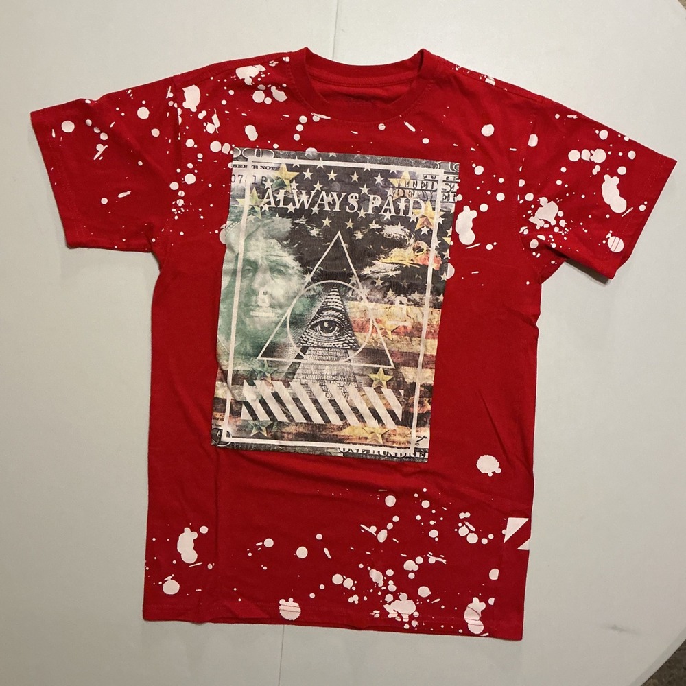 Y2K Pyramid Illuminati Eye of Providence Red Money Paint Splatter Men T Shirt S